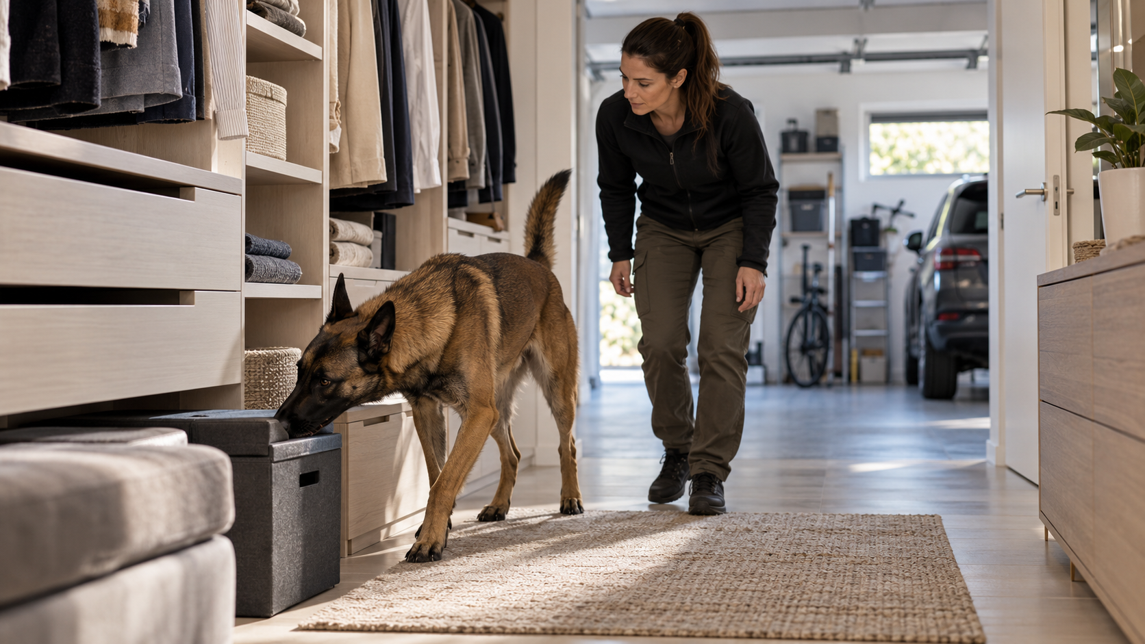 Pastor belga malinois detector inspeccionando un vestidor comunicado con un garaje