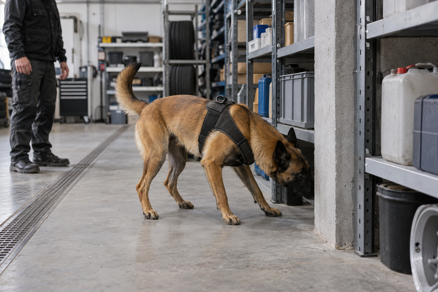 Pastor belga malinois detector inspeccionando estanterías de un almacén de taller