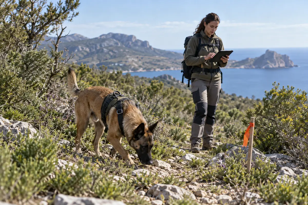 Perro biodetector trabajando con una especialista en conservación de fauna