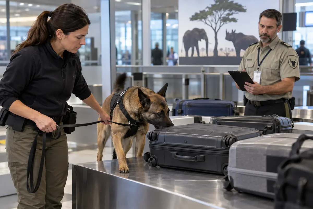 Perro biodetector inspeccionando equipaje cerrado en un aeropuerto