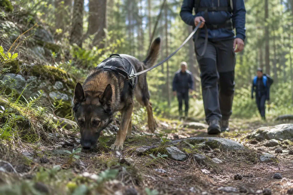 Perro de búsqueda de personas rastreando una pista junto a su guía