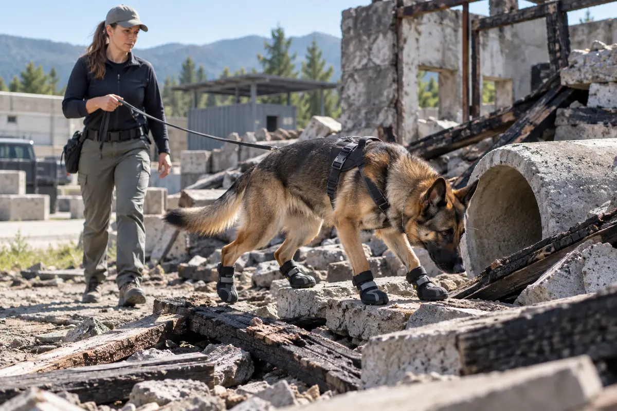 Perro detector de acelerantes trabajando con botines de protección