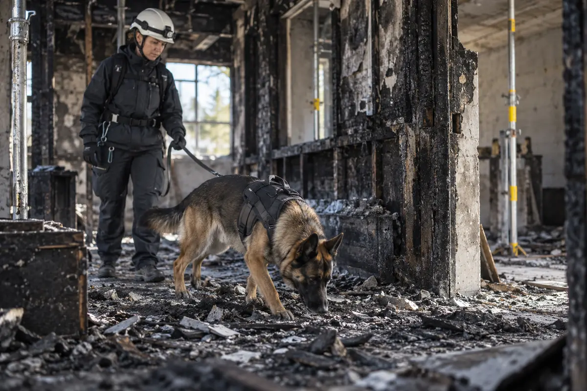 Perro detector de acelerantes inspeccionando una escena postincendio segura