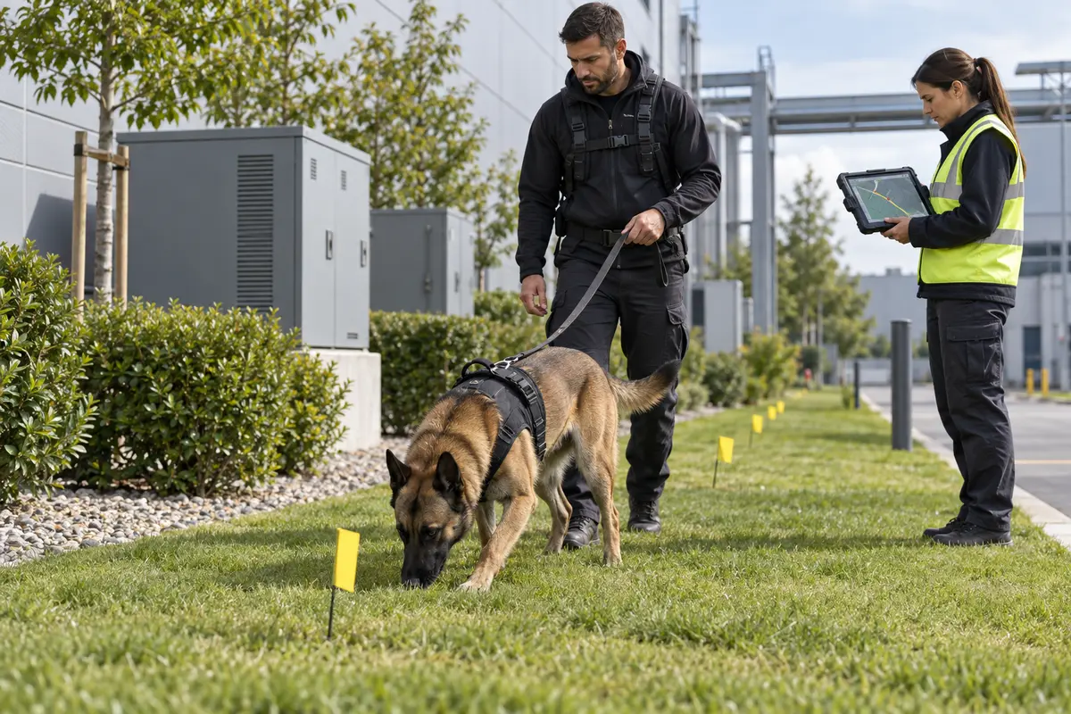 Perro detector localizando una incidencia en el trazado de un cable subterráneo