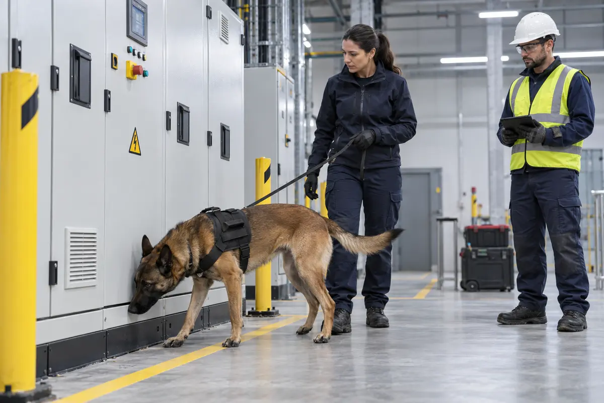 Perro detector de cortocircuitos inspeccionando una instalación eléctrica segura