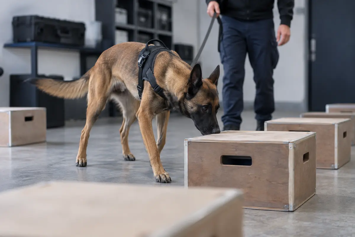 Aplicación profesional de perros detectores de drogas Perro detector de drogas realizando un ejercicio profesional de búsqueda