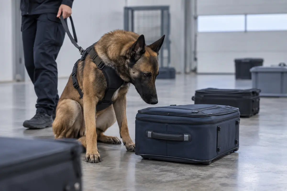 Entrenamiento de perros detectores de explosivos Perro detector de explosivos marcando una maleta durante un entrenamiento seguro